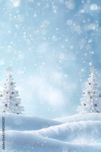 Two stylized white Christmas trees in a snowy landscape under falling snow and bokeh.