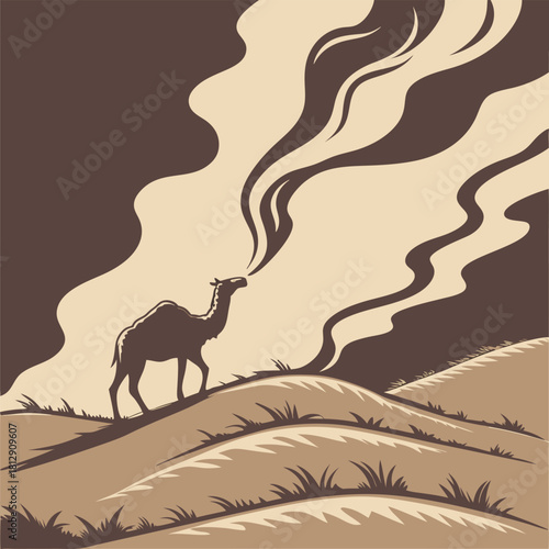 Camel exhaling smoke in a desert landscape sepia illustration Keywords: camel, desert, sand