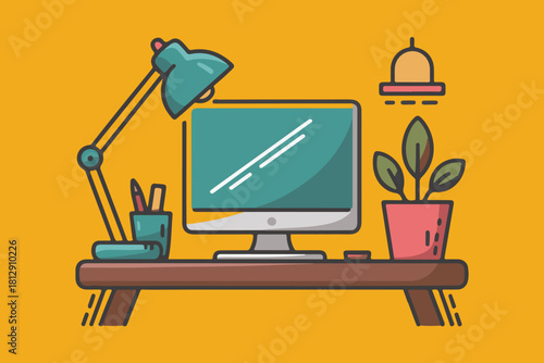 Modern desk setup with computer lamp and plant illustration