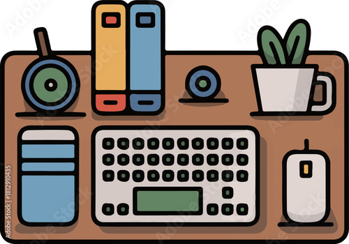 Desk setup with keyboard mouse plant and books illustration