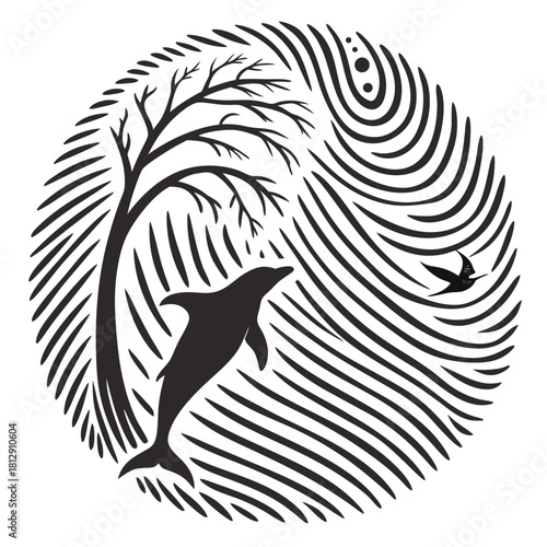 Fingerprint with dolphin, tree, and bird in circle