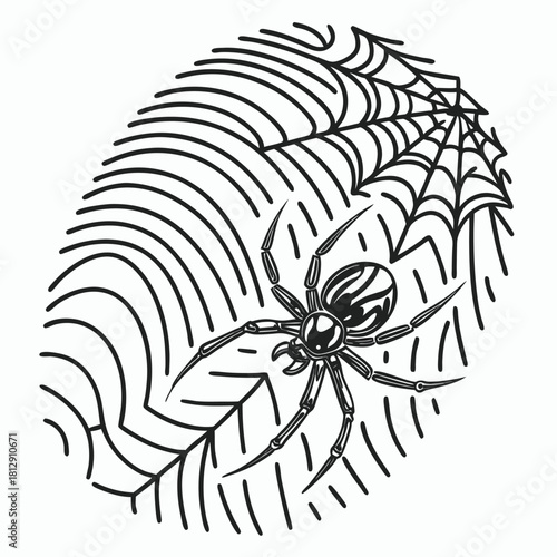 Fingerprint with spider and web in black and white