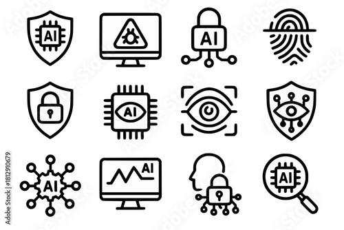 AI Cybersecurity Icons with Threat Detection, Encryption, Biometric Access, Anomaly Tracking and Digital Forensics in Bold Black Line Art on White Background