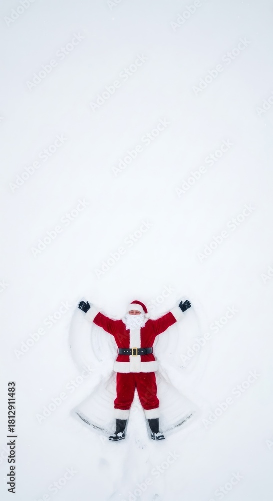 Obraz premium Santa Claus making a snow angel in pristine white snow. Christmas holiday fun and festive winter concept for seasonal greeting card design.