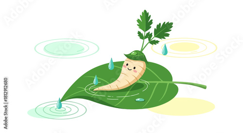 A Cheerful Root Vegetable Enjoying A Refreshing Rain On A Lush Green Leaf