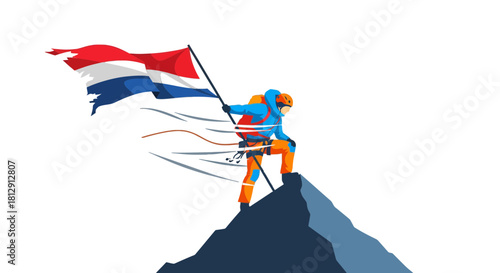 A Climber Reaches The Summit While Holding The Netherlands Flag With Bold Colors