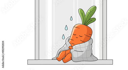 A Comforted Carrot Resting Near a Window as the Rain Gently Falls Outside