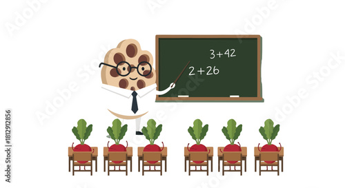 A Cookie Teacher Explaining An Arithmetic Problem Inside A Vegetable Classroom
