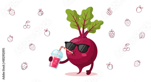 A Cool Beetroot Cartoon Character Enjoying a Refreshing Fruit Smoothie Drink