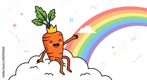 A Cheerful Royal Carrot Mascot on a Cloud in a Playful Rainbow Scene
