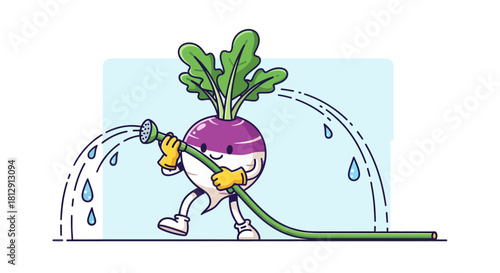 A Cheerful Rutabaga Character Watering Plants With Hose Depicting Cartoon Gardening