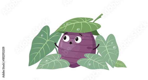 A Curious Animated Purple Root Vegetable Peeking Through Lush Green Foliage