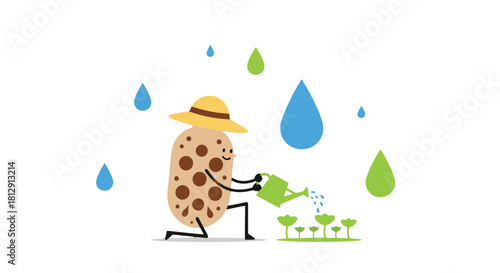 A Cheerful Spud Gardener Watering Young Plants with Raindrops on Black Background