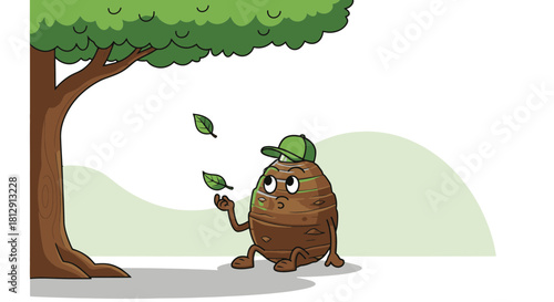 A Curious Animated Root Vegetable Character Contemplating Nature's Gentle Swaying Leaves