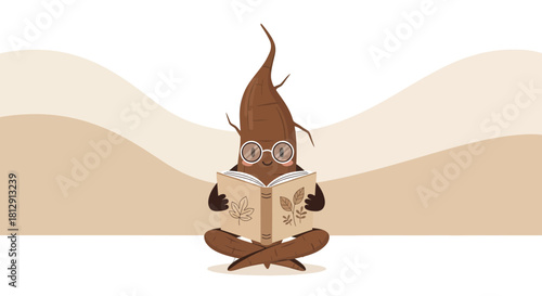 A Curious Animated Root Vegetable Reads a Book About Botanical Elements and Nature