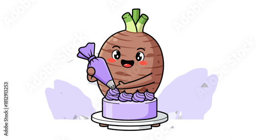 A Cheerful Taro Root Character Decorating A Delightful Cake With Vibrant Frosting
