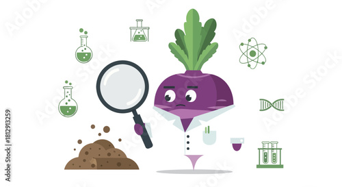 A Curious Beetroot Scientist Examining the Soil with Laboratory Apparatus and Icons