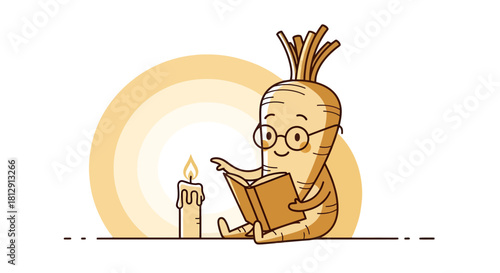 A Curious Carrot Person Reading in the Candlelight, Enjoying Literature and Knowledge