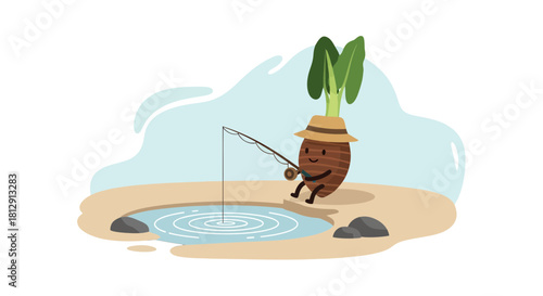 A Cheerful Taro Root Angler Enjoys a Peaceful Fishing Moment in Serene Waters