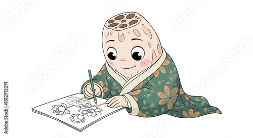 A Curious Character in Robe Illustrating Floral Designs Upon Paper