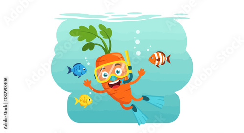 A Cheerful Underwater Carrot Diver Swimming with Funny Colorful Fishes