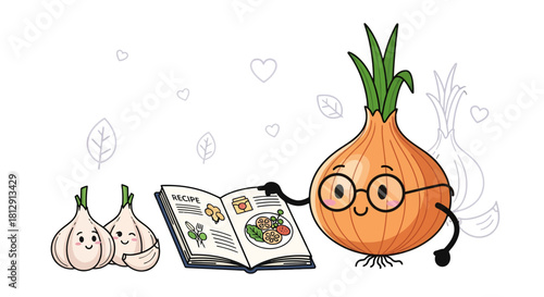 A Curious Onion Character Reading a Recipe Book and Garlic Companions Illustration