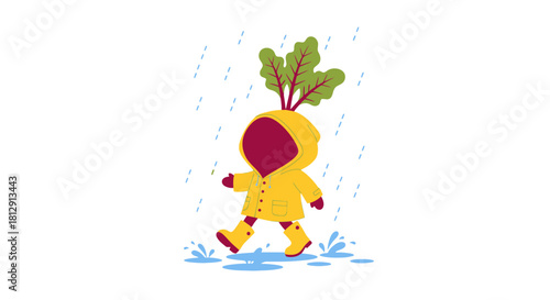 A Curious Figure Enjoying a Rainy Day Adventure, Walking Through Puddles Under Raindrops