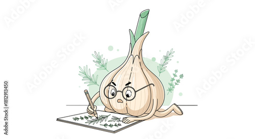 A Curious Garlic Bulb Character Creatively Sketching Botanical Illustrations