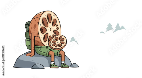 A Curious Food-Shaped Adventurer Contemplating the Mountain Landscape in Solitude