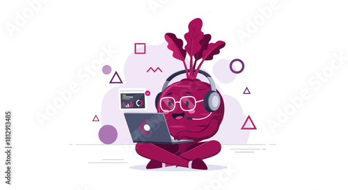 A Cheerful Vegetable Character Engaged in Business and Technology on a Black Background