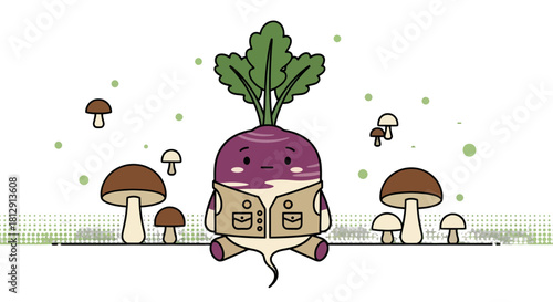 A Curious Radish, Adorned with a Jacket, Plays in a Fantastical Mushroom Forest Scene