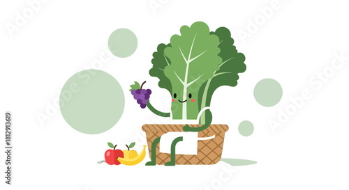A Cheerful Vegetable Character Offering Fresh Fruits and Healthy Produce Against Black Background