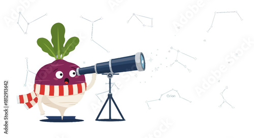 A Curious Root Vegetable Observes The Cosmos Through A Telescope Under The Night Sky