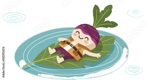 A Cheerful Vegetable Character Relaxing on a Leaf Floating in a Decorative Plate
