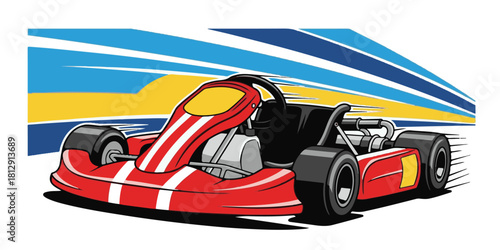 Dynamic illustration of a go kart in motion, featuring clean streamlined outlines, bold solid colors, and a forward-leaning composition that conveys speed