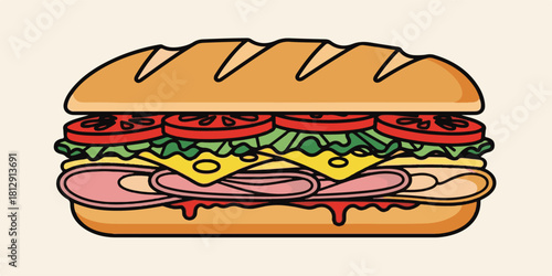 High-quality illustration of a layered sub sandwich with clean outlines and solid colors, showcasing bread, lettuce, tomato, cheese, and fillings