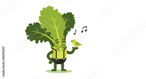 A Cheerful Vegetable Character Singing Melodies To A Little Yellow Bird On Black Background