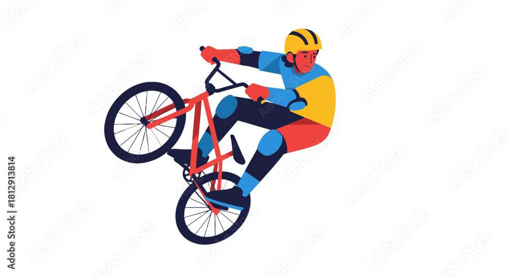 Fototapeta premium A Cyclist Performing A Wheelie Stunt Against A Stark Black Backdrop Demonstrating Skillful Maneuvers