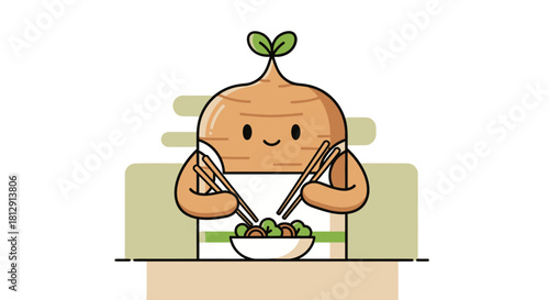 A Cute Vegetable Character Enjoys a Meal With Chopsticks And A Cheerful Expression