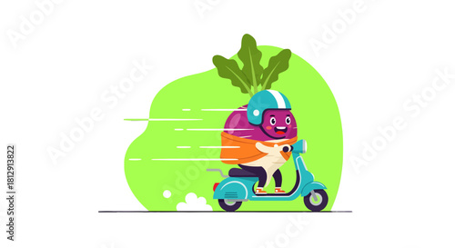 A Cheerful Vegetable Person Delivery Rider Zipping On A Scooter With Speed And Enthusiasm