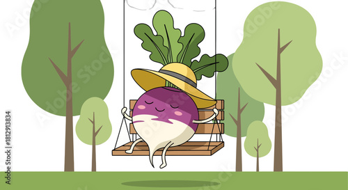 A Cheerful Vegetable Person Enjoying Life in Peaceful Garden, Sitting on a Swing