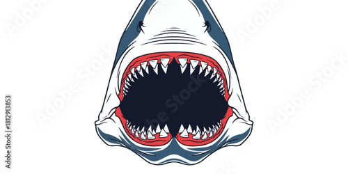 High-quality illustration of wide-open shark jaws with sharp teeth, bold clean outlines, and a graphic emblem style