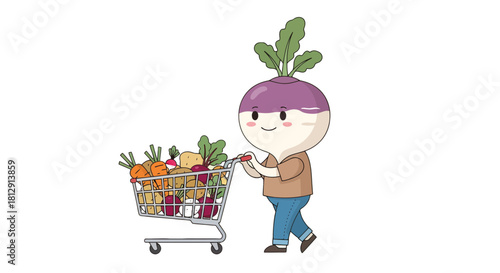 A Cheerful Vegetable Person Pushing A Shopping Cart Full Of Assorted Healthy Produce