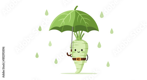 A Cheerful Vegetable Personage Sheltering From Rain Under a Leafy Umbrella