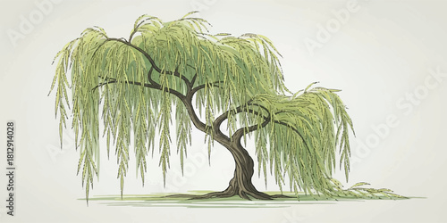 Beautiful illustration of a graceful willow tree with long hanging branches, clean flowing lines, and soft natural colors