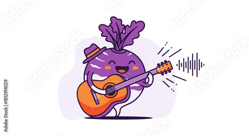 A Cheerful Vegetable Wearing a Hat Playing an Acoustic Guitar with Sound Wave