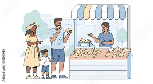 A Family Enjoys Delicious Treats from a Local Market Vendor Scene
