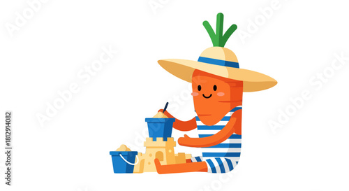 A Cheerful, Animated Carrot Builds a Sandcastle During a Relaxing Seaside Vacation