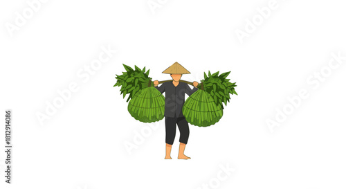 A Farmer Carrying Harvest In A Traditional Outfit Depicted On A Black Background
