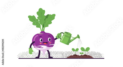 A Cheerful, Animated Turnip Character Watering Seedlings in a Garden Scene